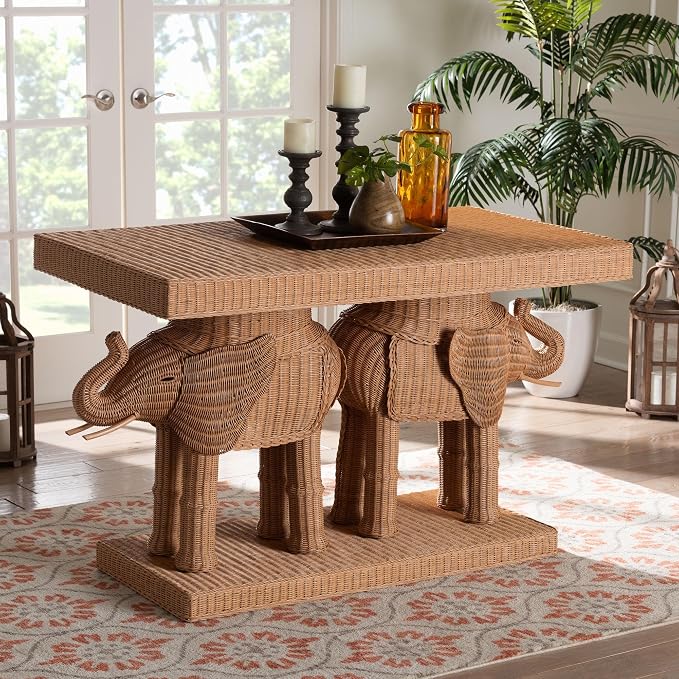 Bali & pari Elissa Bohemian Honey Rattan Elephant Console Table - Image 2