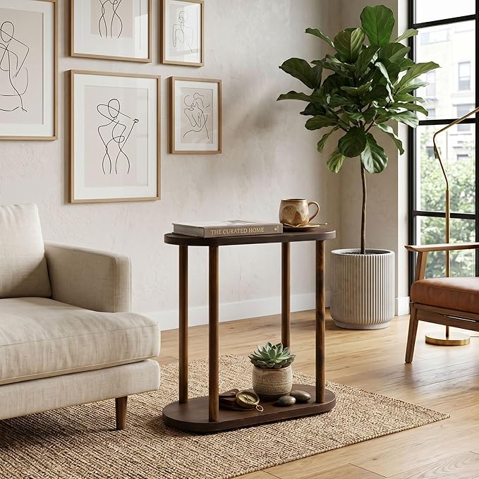 Oval Solid Wood Narrow Side Table, Slim Small Pedestal Coffee Table - Image 4