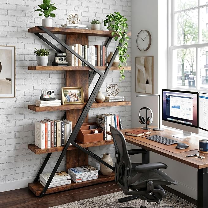 FUSUNBAO Industrial Bookshelf, Vintage 5-Tier Tall Bookcase - Image 7