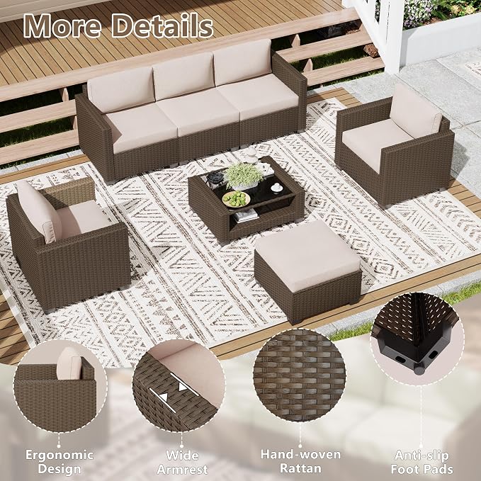 LOUVIXA 7 Piece Outdoor Patio Furniture Set, Rattan Chairs Glass Table Wicker - Image 5