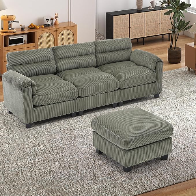 HAOMARKETS Corduroy 2-Piece Sofa Set, Upholstered Ottoman and 3-Seater Sofa - Image 6