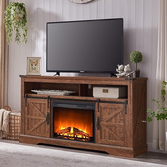 OKD Fireplace TV Stand for 65+ Inch TV, Rustic Media Console w/Sliding Barn by OKD