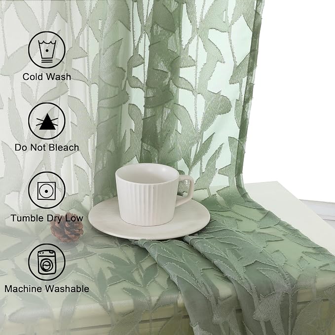 Lecloud Leia Sage Green Sheer Curtains 108 Inches Long 2 Panels, Airy Jacquard - Image 6
