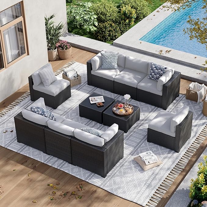 Aoxun 10 Piece Patio Furniture Set Wicker Rattan Patio Sectional Sofa Set by Aoxun