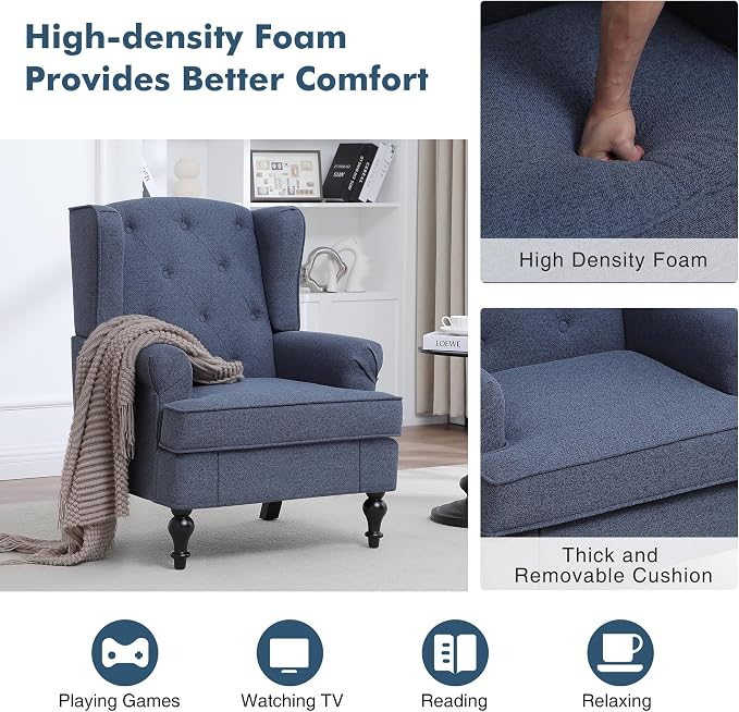 Accent Chair Set of 2, Mid Century Modern Fabric Wingback Chair, Upholstered - Image 4