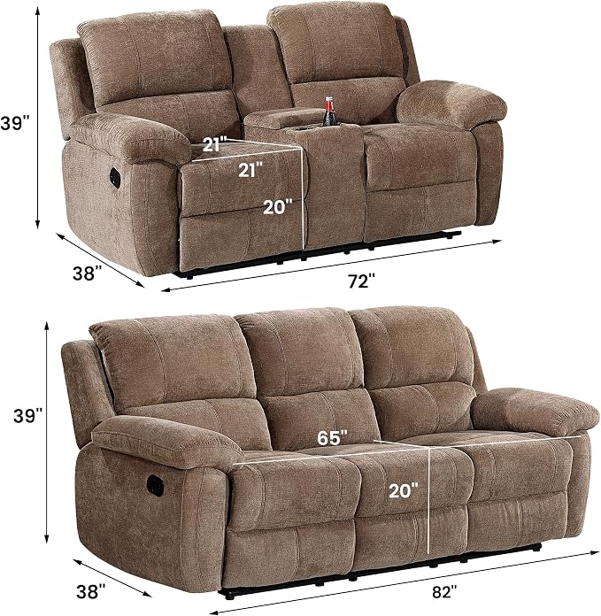 Betsy Furniture Modern Fabric Recliner Sofa Set, Loveseat w/Console, Recliner - Image 2