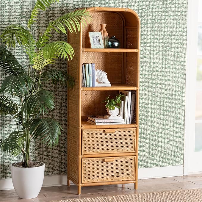 Bali & pari Curacao Modern Bohemian Light Honey Rattan 2-Drawer Bookcase - Image 2