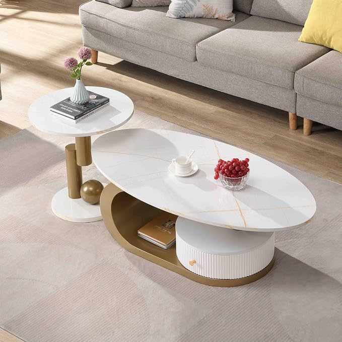 Modern Oval Coffee Table Set of 2, Faux Marble Coffee Table and Round End Table - Image 4