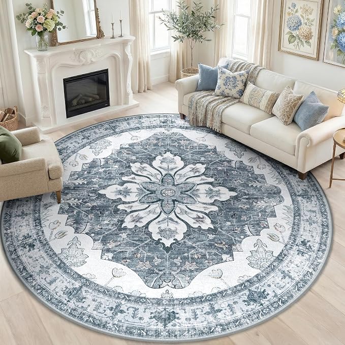 RELEANY Area Rugs Round 10ft Washable Non-Slip, Floral Vintage Distress Print - Image 3