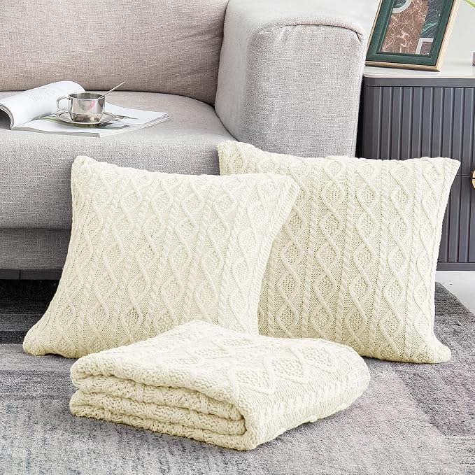 Homiest Cable Knit Throw Blanket & Pillow Set, Cream White Set of 3, Knitted - Image 2