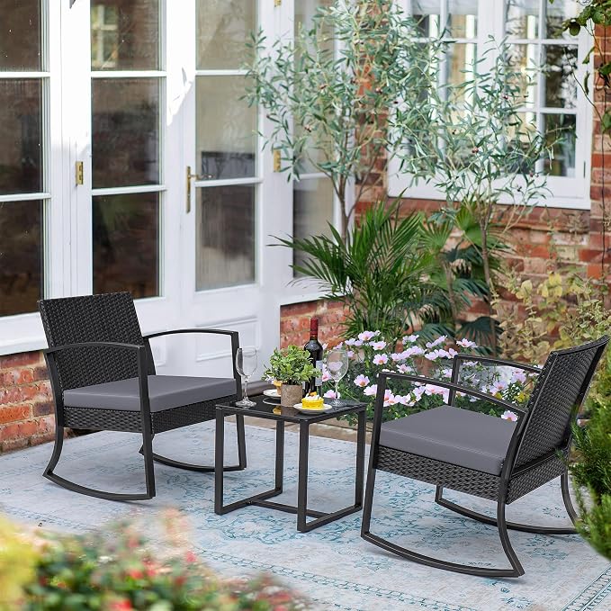 Greesum 3 Pieces Outdoor Furniture Set Patio Bistro Rocking Chairs - Image 3
