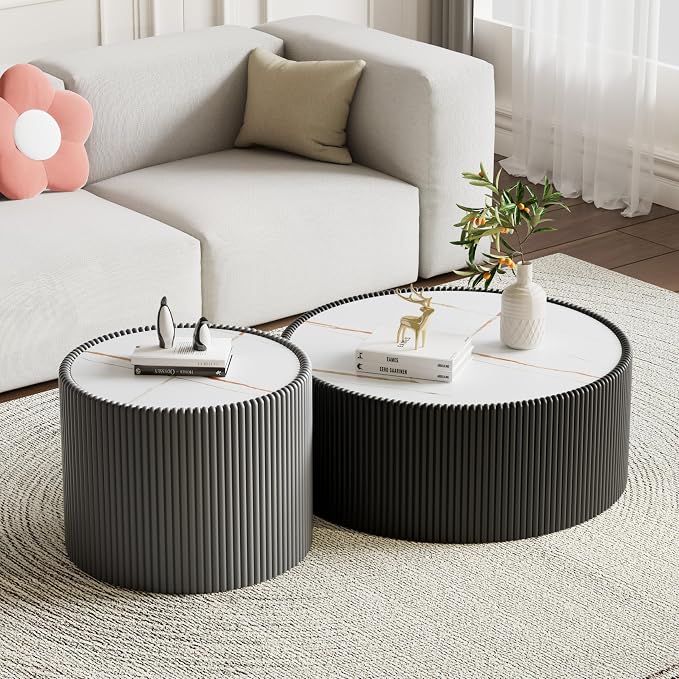 SSLine Round Drum Coffee Table Set of 2 Modern Sintered Stone Top Nesting - Image 3