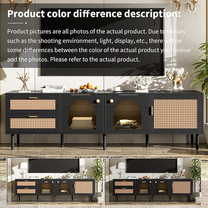 Merax Rattan TV Stand with LED Lights, Solid Wood Feet, Living Room, Bedroom - Image 8