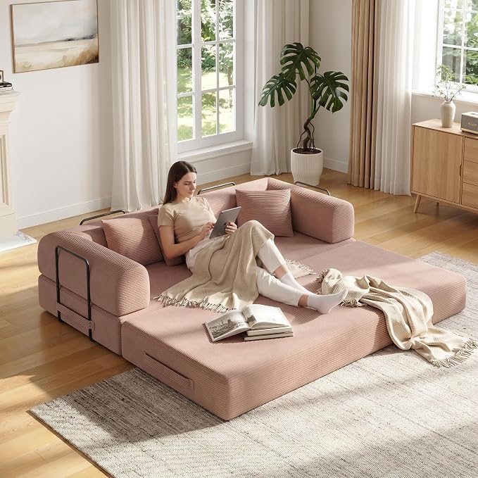 79in Convertible Sofa Bed, Corduroy Boneless Couch Bed, Futon Sleeper Sofa Pull by Unknown
