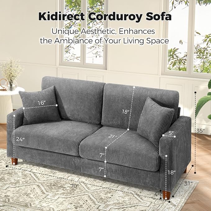 Kidirect 70in Corduroy Sofa, Comfy Loveseat Sofa No Tool Assembly, Couches - Image 2