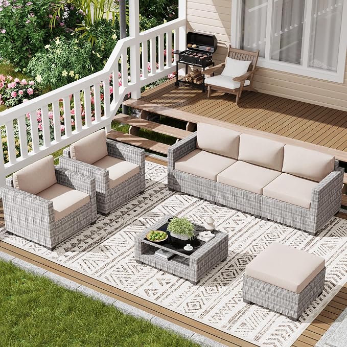 LOUVIXA 7 Piece Outdoor Patio Furniture Set, Rattan Chairs Glass Table Wicker - Image 8
