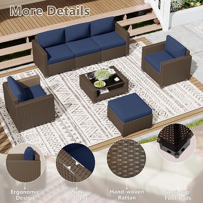 LOUVIXA 7 Piece Outdoor Patio Furniture Set, Rattan Chairs Glass Table Wicker - Image 5