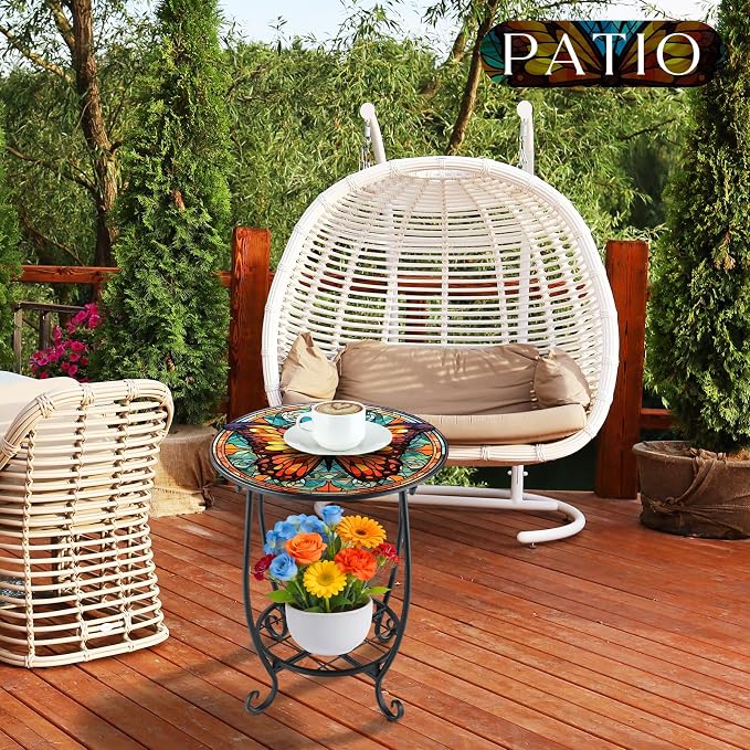 Cinnvoice Outdoor Side Table Round Small Mosaic Patio Accent Indoor End Plant - Image 6