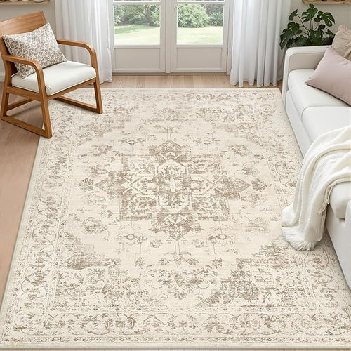 5x7 Area Rugs for Living Room: Vintage Boho Neutral Washable Rug Indoor Soft by Luxturiy
