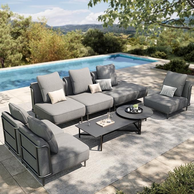 HERA'S HOUSE Metal Patio Furniture Set, Modular 7 Seats and 1 Nesting Coffee by HERASHOUSE