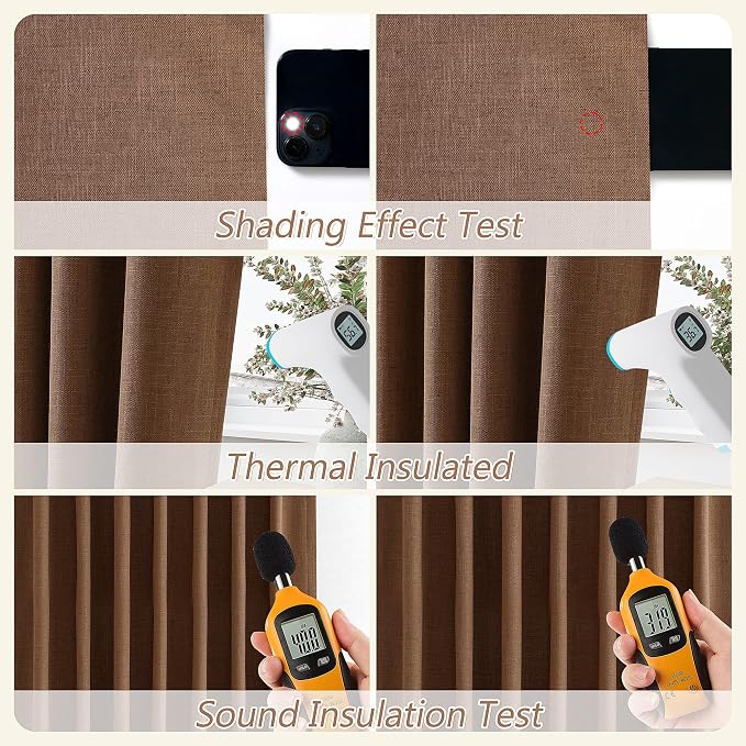 Guken Caramel Brown 100% Blackout Linen Curtains 120 Inch Length 2 Panels Set - Image 5