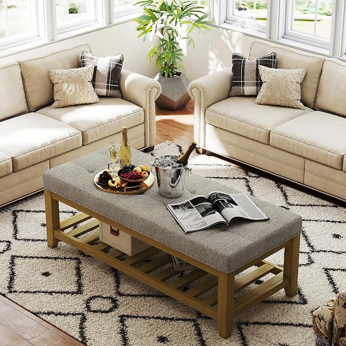 Befurtori Large Rectangular Upholstered Ottoman Bench, Linen Tufted Footrest - Image 4