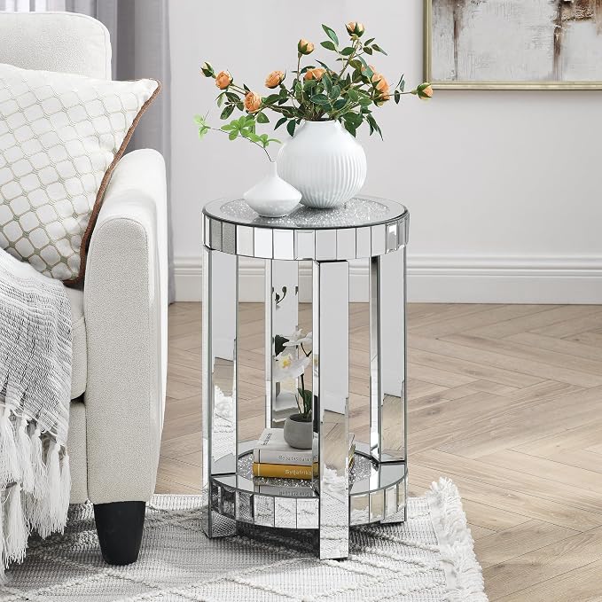 Mirrored Round End Table with Crystal, 2-Layer Modern Small Sofa Table with - Image 3