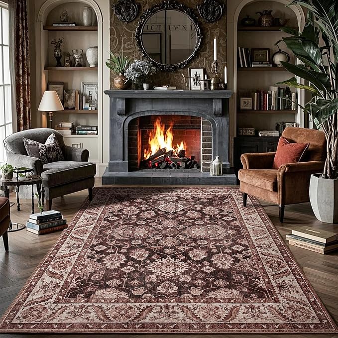 Area Rugs for Living Room, 6x9 Washable Area Rug for Bedroom, Retro Floral by Rtizon