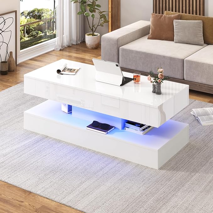 47.2" Large Lift Top Coffee Table, Modern High Glossy LED Coffee Tables - Image 4