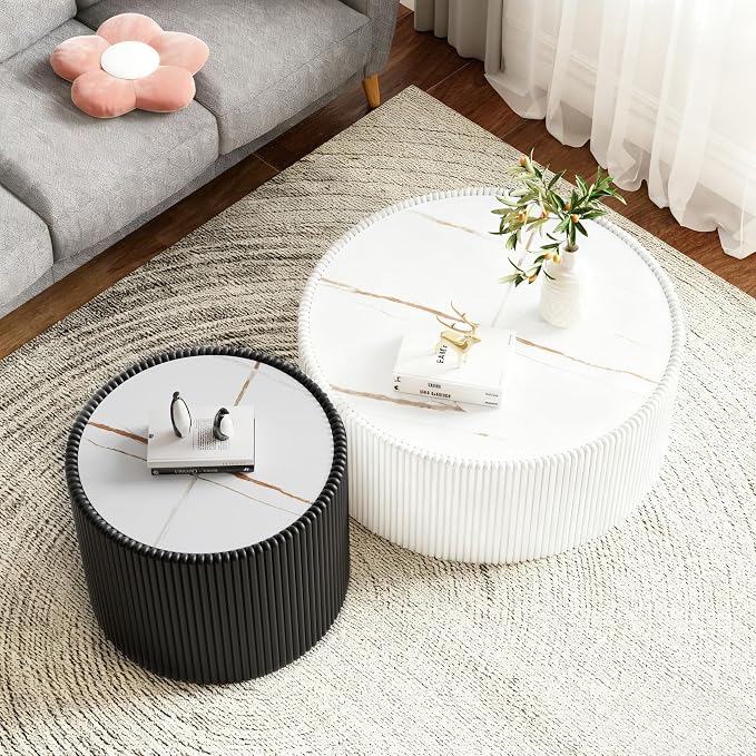 SSLine Round Drum Coffee Table Set of 2 Modern Sintered Stone Top Nesting - Image 3