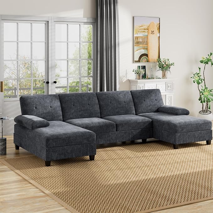 U-Shaped Sectional Sofa with Double Chaise, Linen Fabric 4-Seat Modern Couch - Image 7