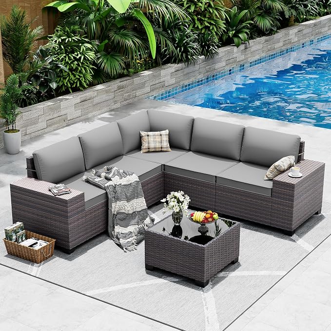Outdoor Patio Furniture Set, 6 Pieces Outdoor Sectional Furniture High Backrest by ASJMR