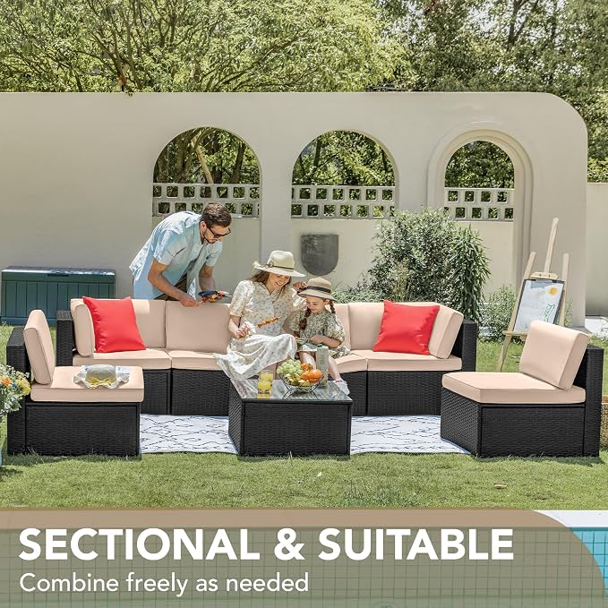 Devoko 7 Pieces Outdoor Sectional Sofa Patio Furniture Sets Manual Weaving - Image 5