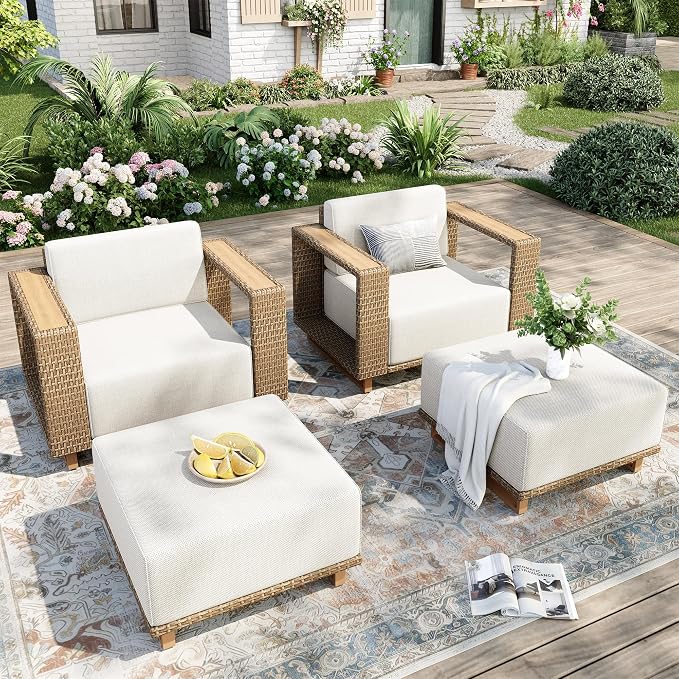 MIXPATIO 4 Pcs Outdoor Patio Furniture Set, 2 Rattan Single Sofa, 2 Ottomans by MIXPATIO