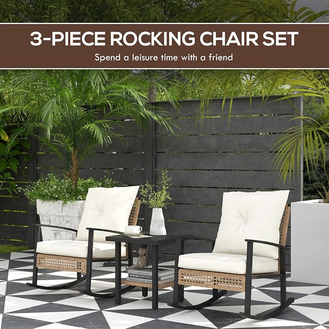 Outsunny 3 Pieces Rocking Wicker Outdoor Bistro Set, Rattan Patio Furniture Set - Image 2