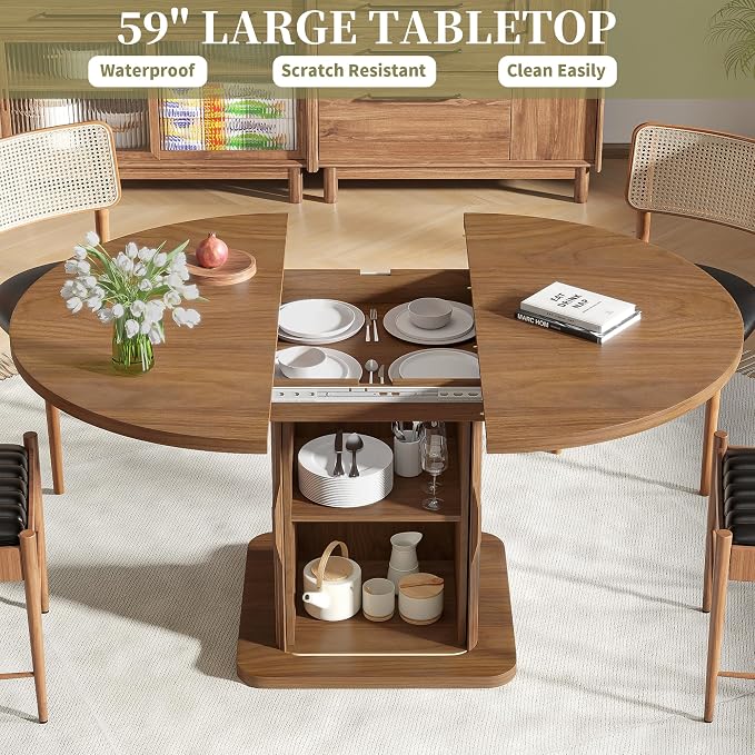 Extendable Round Dining Table for 4-6-8, 59 Inch Dining Room Kitchen Table - Image 6