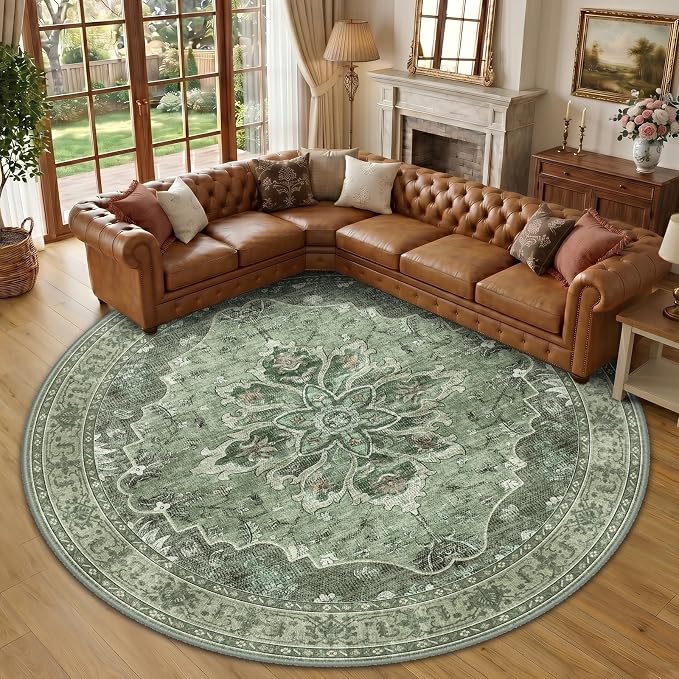 RELEANY Area Rugs Round 10ft Washable Non-Slip, Floral Vintage Distress Print by RELEANY