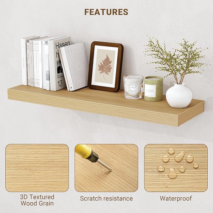 Acovy 48 Inch Floating Shelves, 3D Textured Wood Grain, Wooden Shelves - Image 5