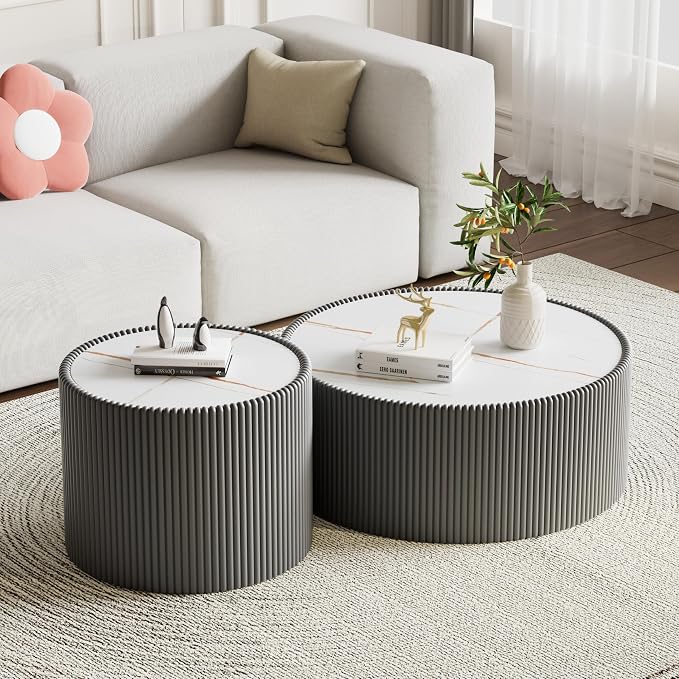 SSLine Round Drum Coffee Table Set of 2 Modern Sintered Stone Top Nesting - Image 3
