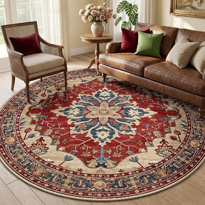 RELEANY Area Rugs Round 6ft Washable Non-Slip, Floral Vintage Distress Print by RELEANY
