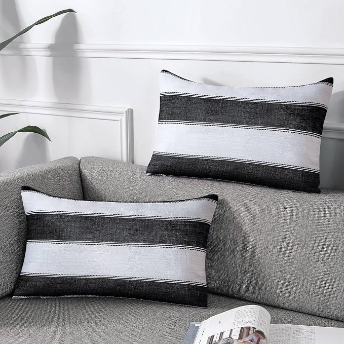 AmHoo Pack of 2 Farmhouse Stripe Check Throw Pillow Covers Set Case Cotton by AmHootextile