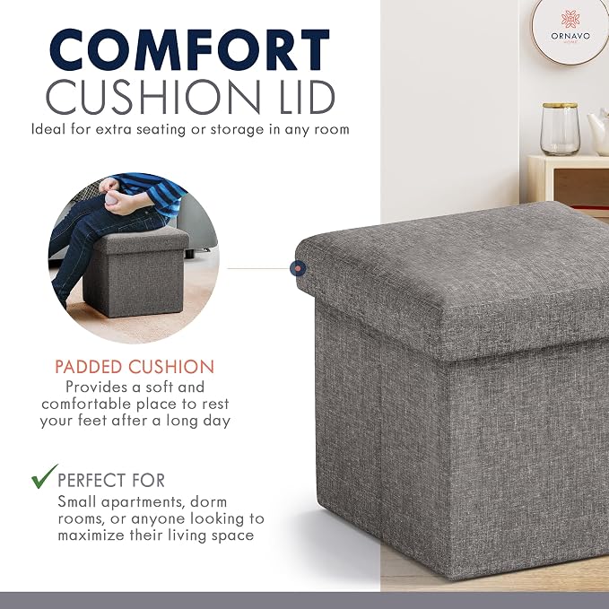 Ornavo Home Small Storage Ottoman Foldable Collapsible Cube Square Linen - Image 6