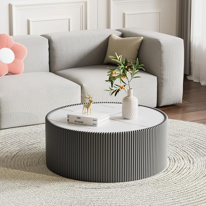 SSLine Round Drum Coffee Table Modern Sintered Stone Top Coffee Table in Grey - Image 4