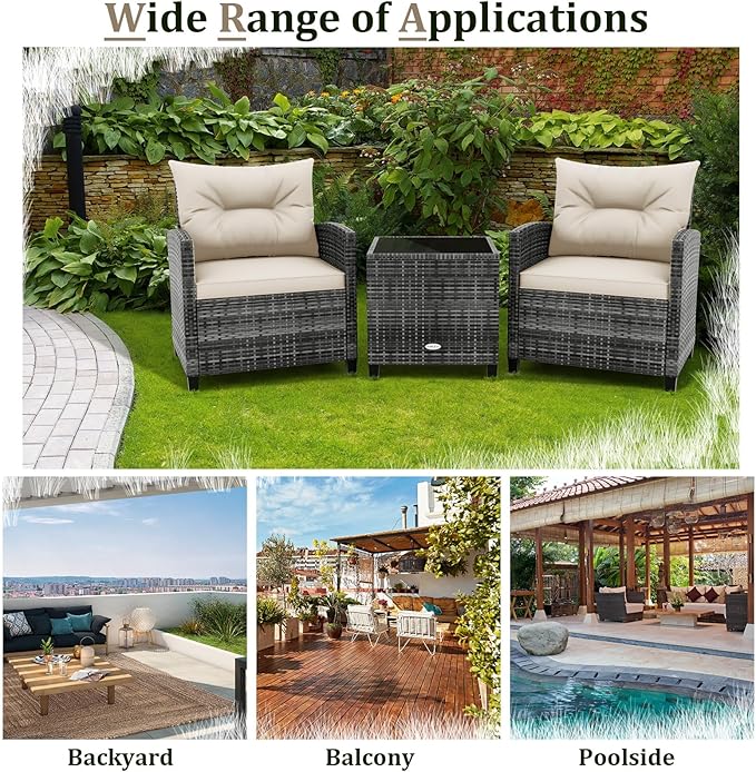 HAPPYGRILL 3 Pieces Patio Conversation Set PE Rattan Outdoor Furniture Sofa Set - Image 6