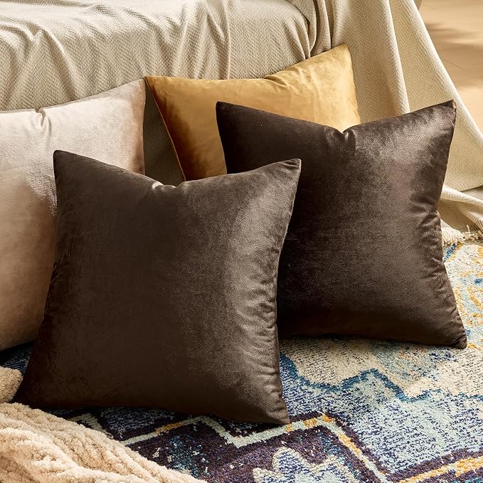 GIGIZAZA Brown Velvet Pillow Covers 20x20, Square Solid Throw Pillow Covers - Image 2