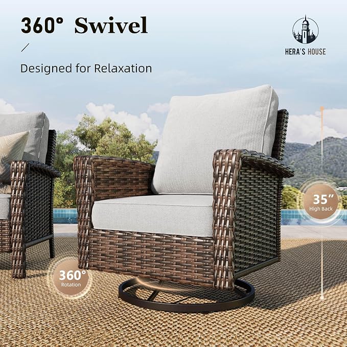 HERA'S HOUSE Grey Patio Furniture Set, High Back Wicker Sofa, Swivel Chairs - Image 3