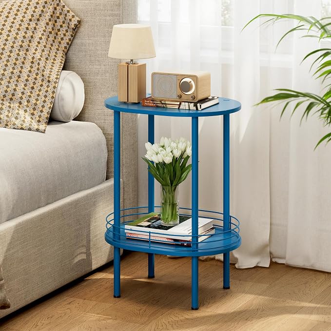 DGSANDGO Blue Oval Side Table, Side Tables Living Room, 2-Tier Nightstand by DGSANDGPuttheCustomerFirst