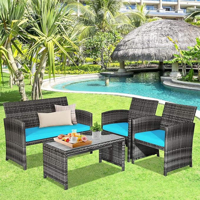 Goplus 4-Piece Rattan Patio Furniture Set, Outdoor Wicker Conversation Sofa - Image 6