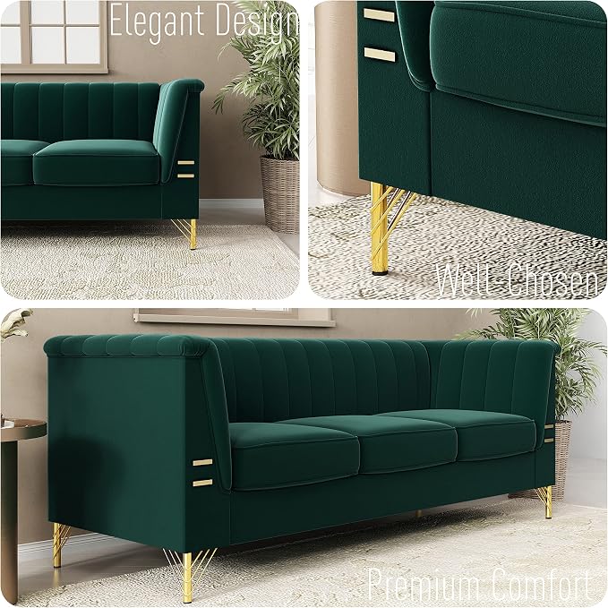 83.46" W Green Velvet Sofa Couch - Image 6