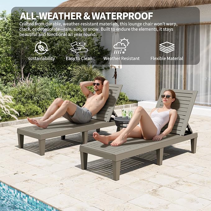 Outdoor Chaise Lounge Chairs Set of 2, 5-Position Adjustable Tanning Lounge - Image 4